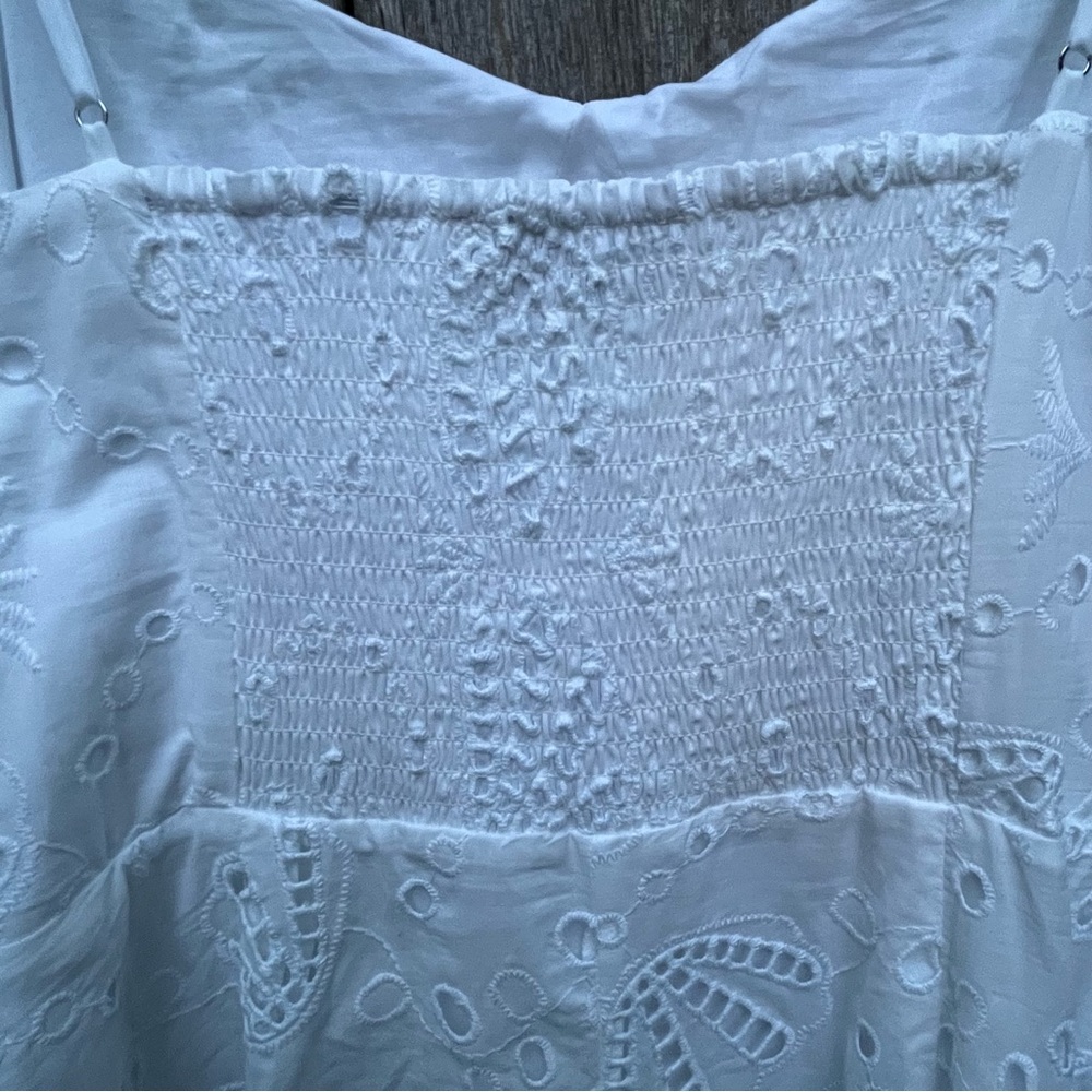 LOFT NWT White Shell Eyelet Cotton Smocking Spaghetti Strap Midi Dress Size 14 - Picture 8 of 10